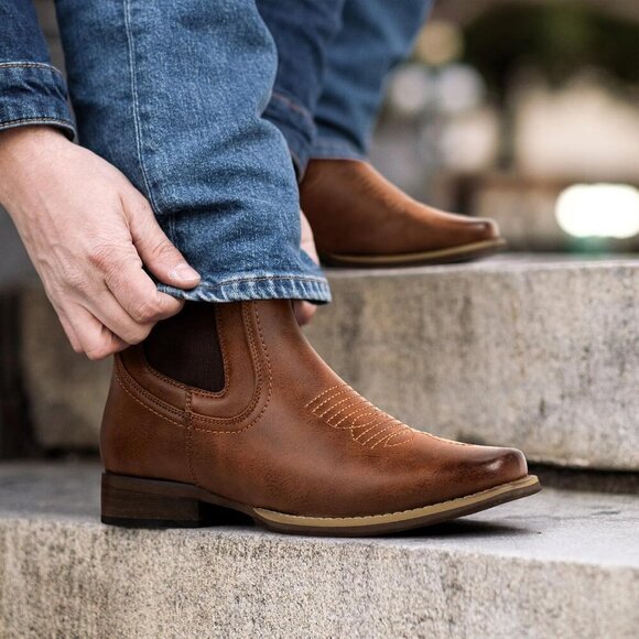 🆕 Men's Brown Faux Leather Square Toe Chelsea Cowboy Boots Retro Casual - Picture 7 of 9